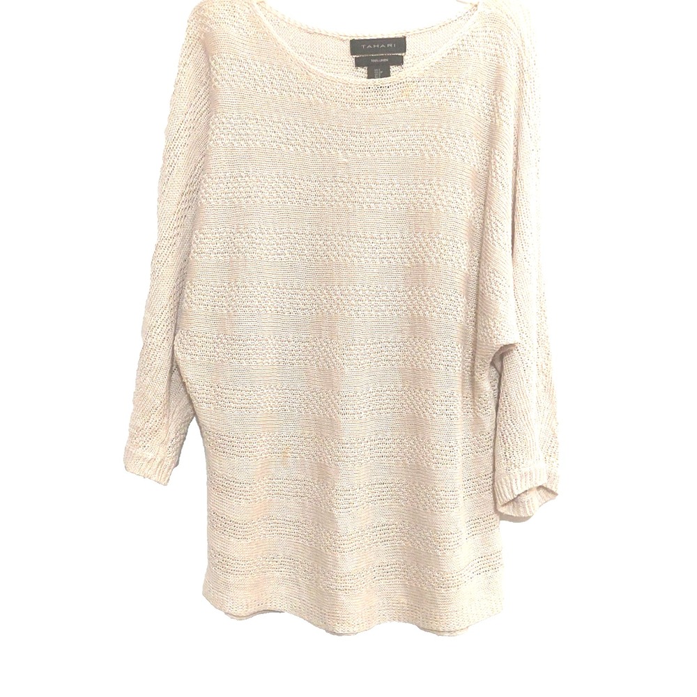 Tahari 100% Linen Womens Small Knit Sweater Cream Beige Versatile Breathability